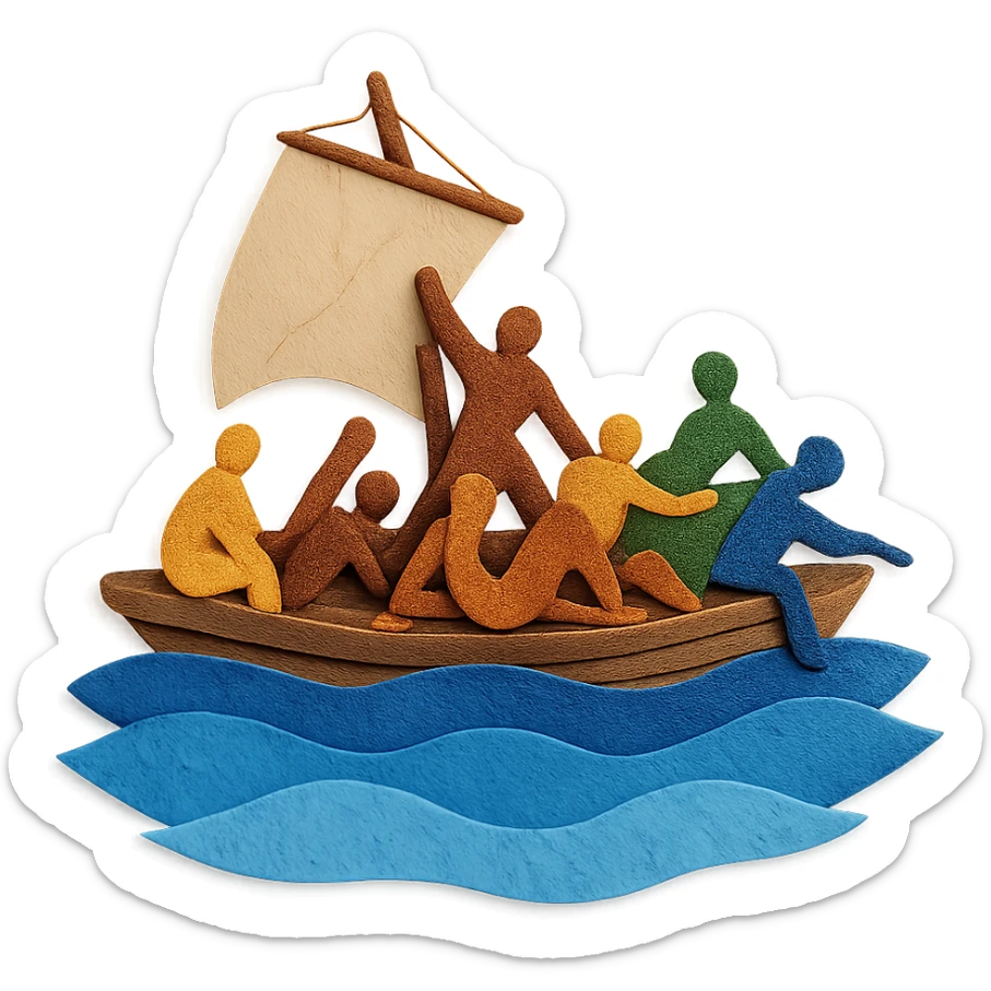 paper craft style Le radeau de la Méduse, layered paper look, raft and people, blue sea sticker