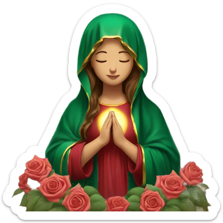 Virgin Mary: kind face looking down at the left, long brown hair, Wearing an emerald green  robe with gold stars and a burgundy red dress,  Hands in prayer or blessing. Halo around her head. standing in front of a big sun. colorful roses on the sides  sticker