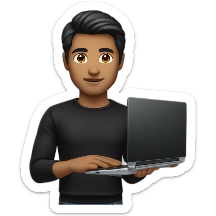     memoji of a man with a laptop in front, apple-style,modern,dark hair,black sweater,computer in hand, srilankan brown skin and dark brown eyes,  sticker