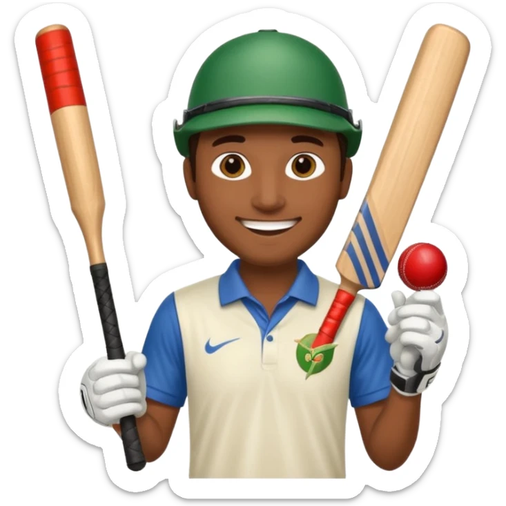 i want a emoji suitable for a logo s well.
it should contain a man holding cricket bat and is wearing all the cricket accessories with no face visible sticker