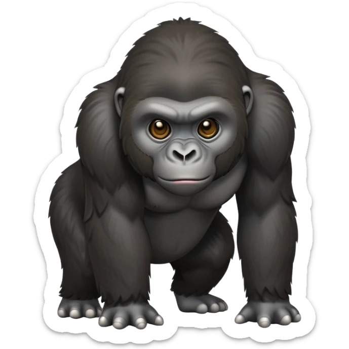 cinematic-cute gorilla-realistic-full-body-on all fours-emoji,-exuding-strength,-thick-dark-fur-in-the-light,-head-tilted-dramatically,-deep-dark-eyes-filled-with-intense-intelligence,-simplified-yet-realistic-focused-features,-highly-detailed,-glowing-with-an-almost-sarcastic-glow sticker