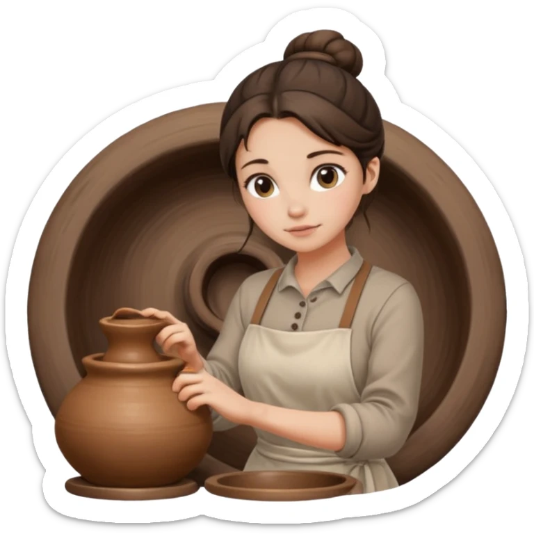 Brunette girl with a bun, behind the potter's wheel, wearing neutral clothing sticker