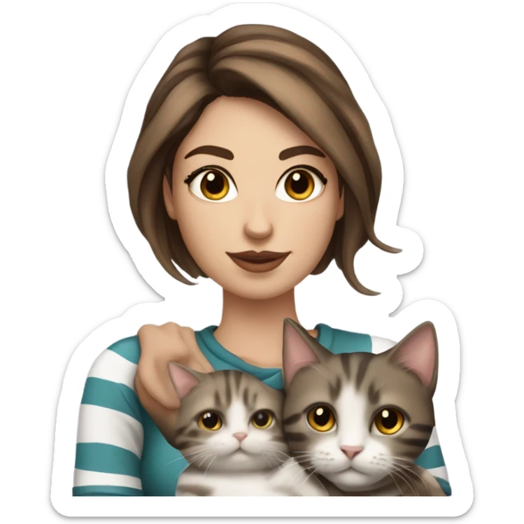 Beautiful brown haired tattooed woman holding gray and white striped cat sticker