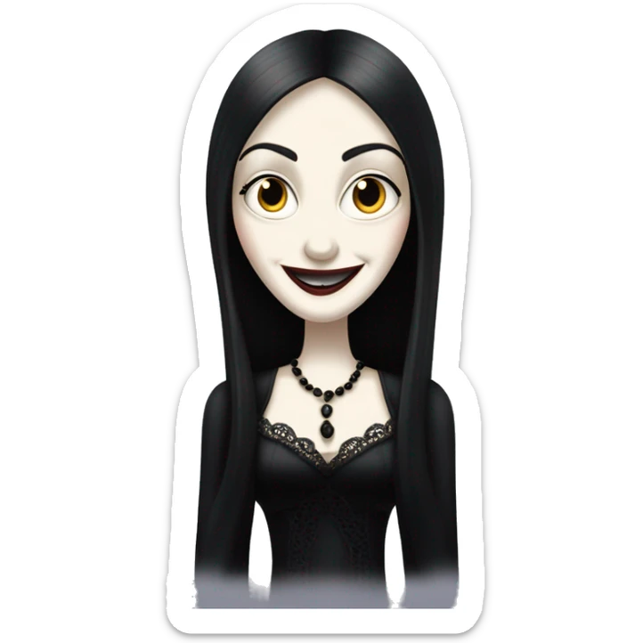 Morticia Addams at home. Smiling. Filmy nightgown . Very Pale-white porcelain skin.  sticker