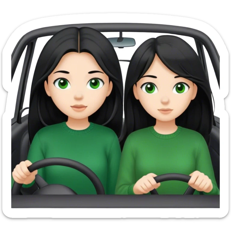 Girl 2 with black shirt girl 1 with green sweater Two girls both with black long hair in a white car driving to a destination sticker