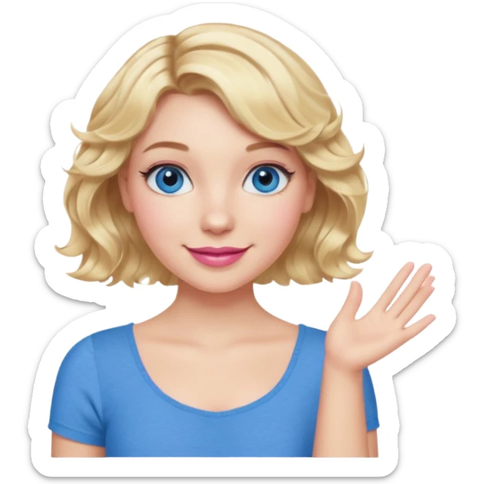 Girl Blonde short wavy hair,  blue eyes, cute blue top, long lashes, pink lips, smiling, one hand 🤷🏼‍♀️  sticker