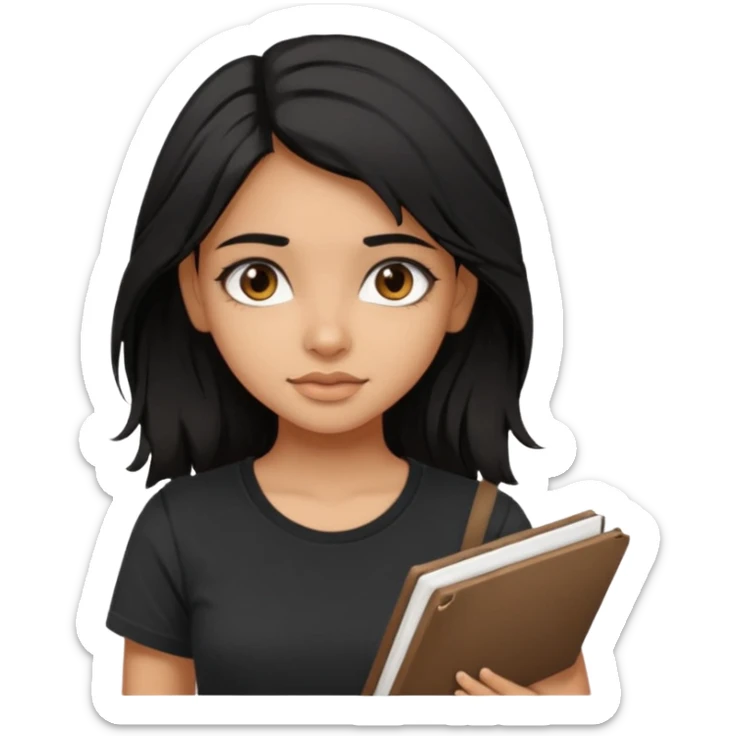 a pretty tan indian bratz girl with messy dark black hair, wearing a black tee carrying a sketchbook sticker