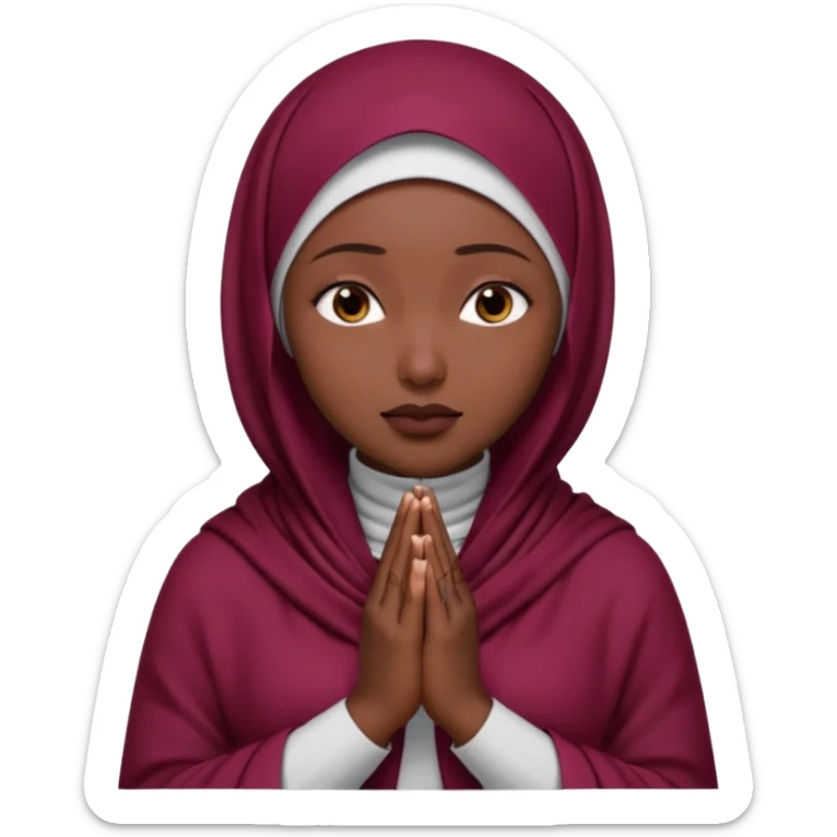 darkskin muslim black woman praying with burgundy hijab hyper realistic face, islamic prayer position  sticker