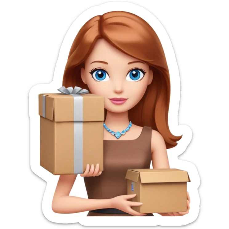 Barbie with blue eyes, shoulder-length reddish-brown hair in a brown dress holds a package box sticker