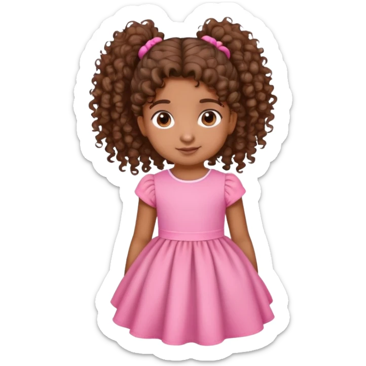 small little brown girl with curly hair ponytail and a pretty pink dress  sticker