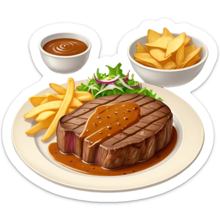 big juicy australian steak meal featuring chips, small salad in a ramikan and gravy in a small bowl on the plate sticker
