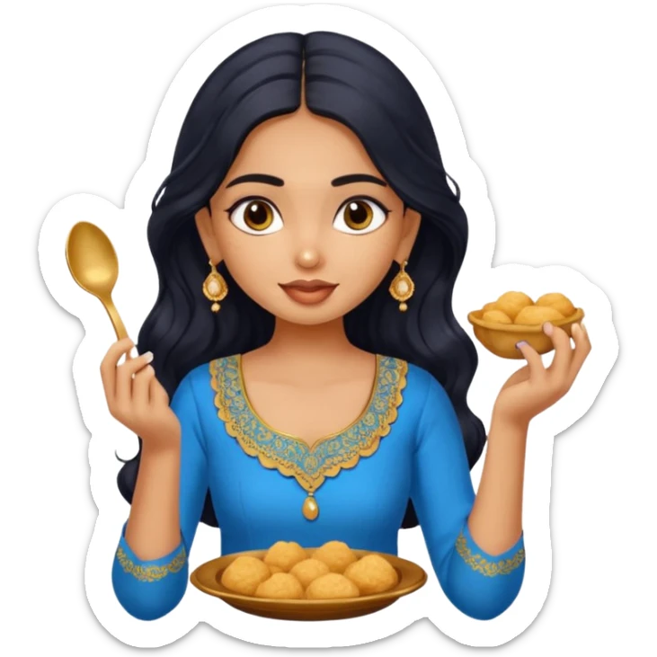 a pretty tan indian bratz girl with wavy long BLACK hair. eyeliner on, wearing a blue kurti, eating golgappa (without spoon) sticker