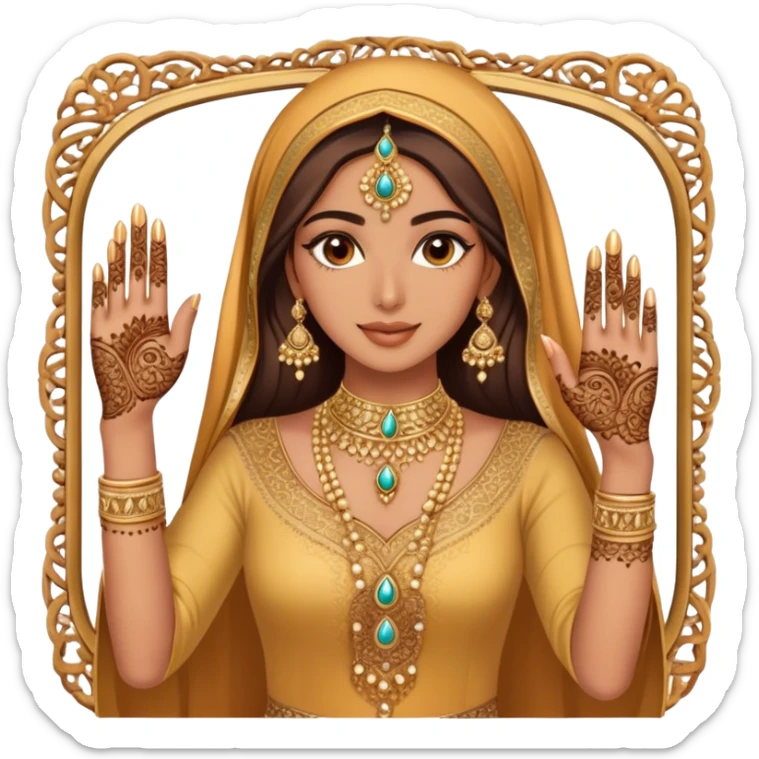 An Arab woman takes a mirror selfie, showcasing her beautifully adorned hands with intricate henna designs and long, elegant nails. She wears multiple gold rings that complement her shimmering golden traditional outfit. sticker