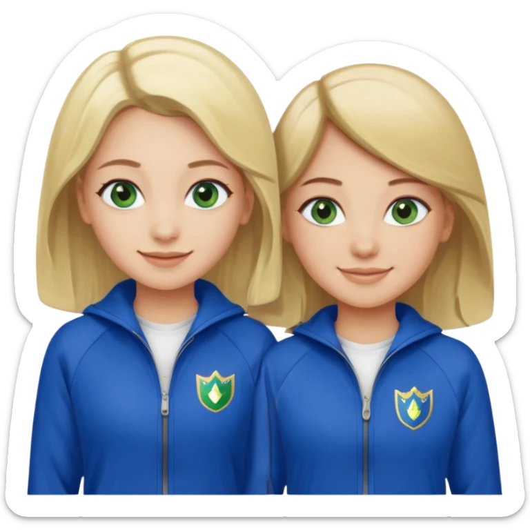 two girls smiling one has blond hair and green eyes and one is has dark brown hair and blue eyes they are wearing royal blue track suits sticker