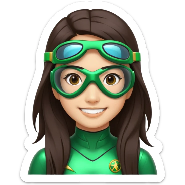 green Power Ranger, Asian girl with long straight dark brown hair, side part, big smile, scuba goggles sticker
