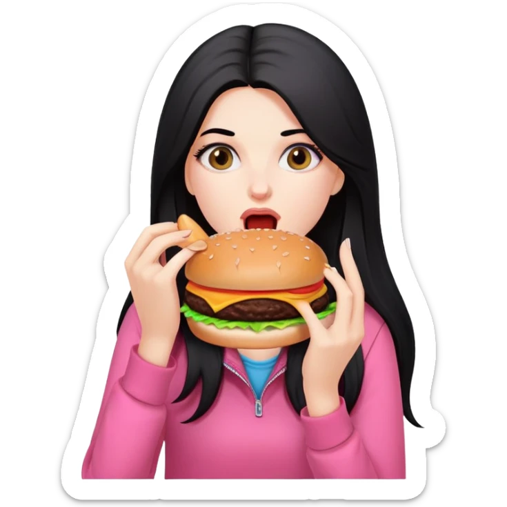 White girl in pink clothes and long black hair eating burger sticker