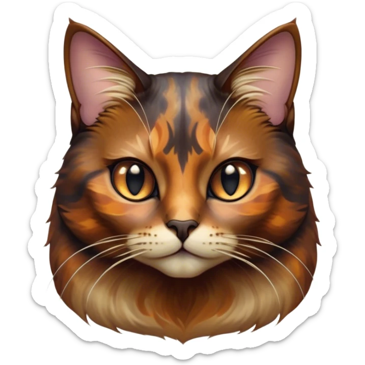 Cinematic Noble Tortoiseshell Cat Portrait Emoji, Poised and dignified, showcasing a luxurious, mottled fur of rich browns and blacks, with elegantly arched whiskers and a determined yet gentle expression, simplified yet meticulously detailed, glowing with a subtle, regal radiance, high shine, embodying quiet nobility and refined charm, soft glowing outline, capturing the essence of a sophisticated tortoiseshell cat exuding quiet authority! sticker