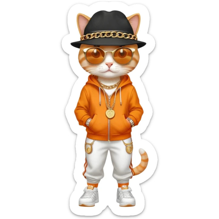 female cat dressed like Run DMC with tracksuit, fedora, Adidas shoes, dark sunglasses, lots of gold chains, rings, bracelets, earrings, upright sticker