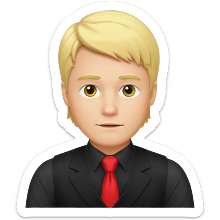 A blond man wearing a black dress shirt, red tights, and a yellow tie. A red vest over the black shirt. sticker