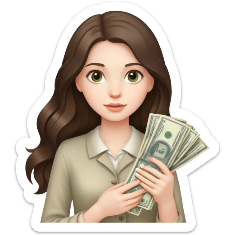 beautiful pale brunette girl with long hair holding a bunxh of money sticker
