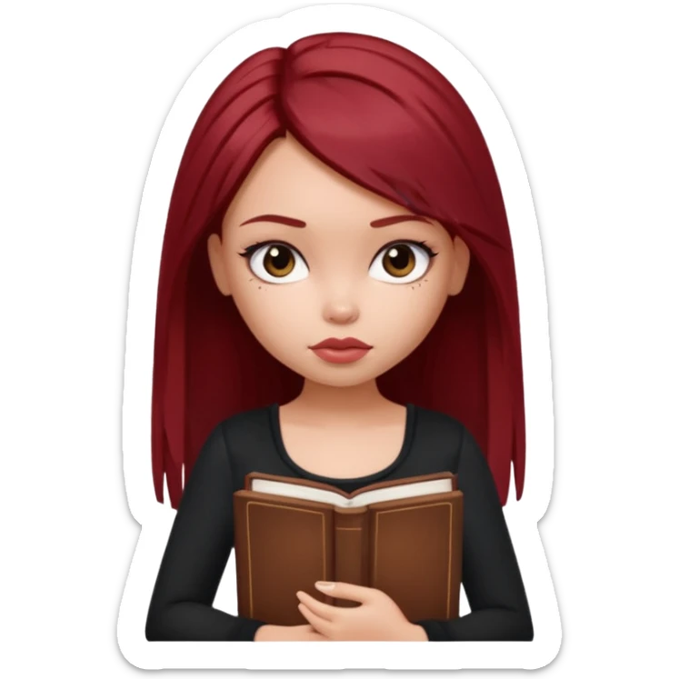 a pretty bratz fair girl with dark red straight hair, black cami top, looking sad holding books. looking sad sticker