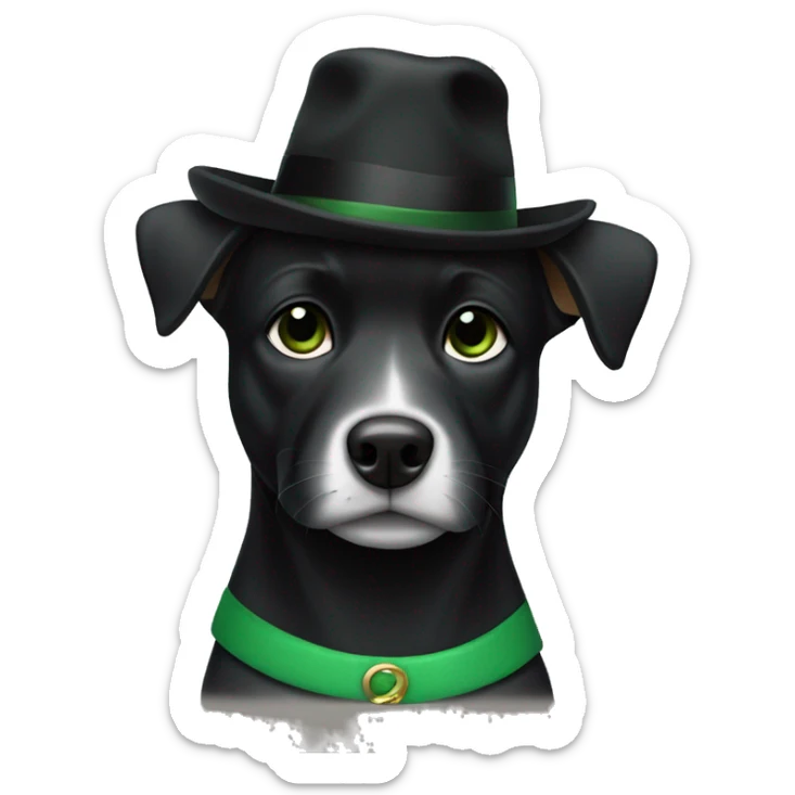 Black dog with green dress, black shoes and black hat sticker