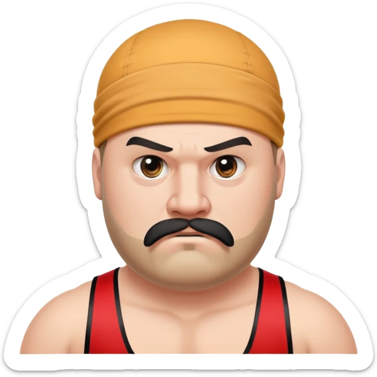 Close-up of very fat white skin guy with young face, beard and mustache, no muscle with prominent black durag, black eyes in a red and black wrestling singlet with angry face sticker