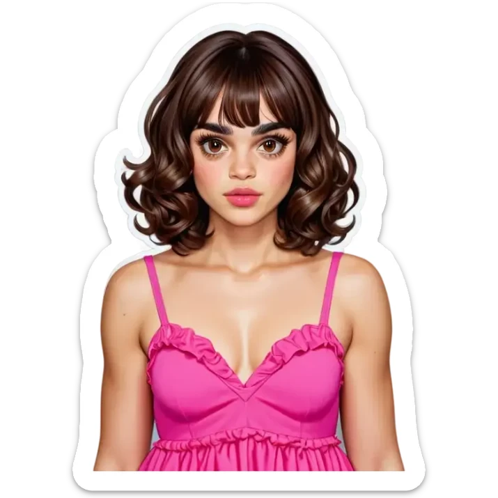 Curly brown hair cut to the chest with curtain bangs, brown eyes, light skin, arched eyebrows, pink lips, small breasts and 90 kg sticker