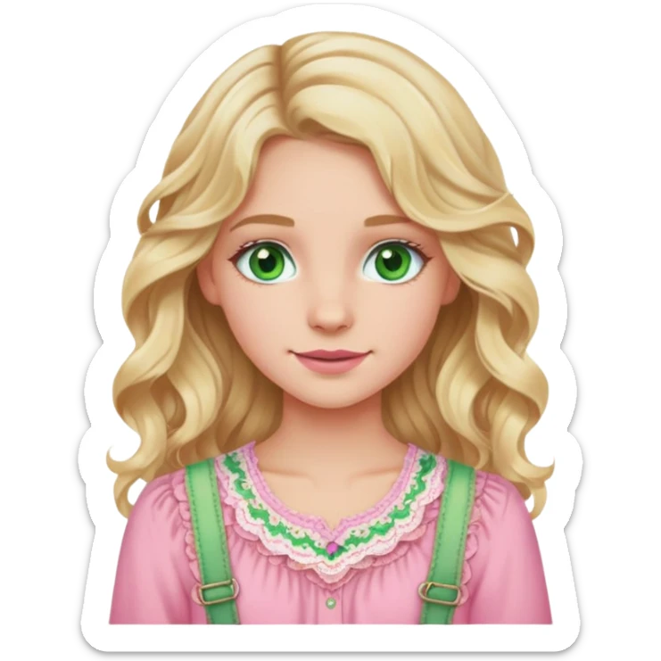 Blonde girl with wavy hair, green eyes, and pink braces wearing a pink boho chic blouse sticker