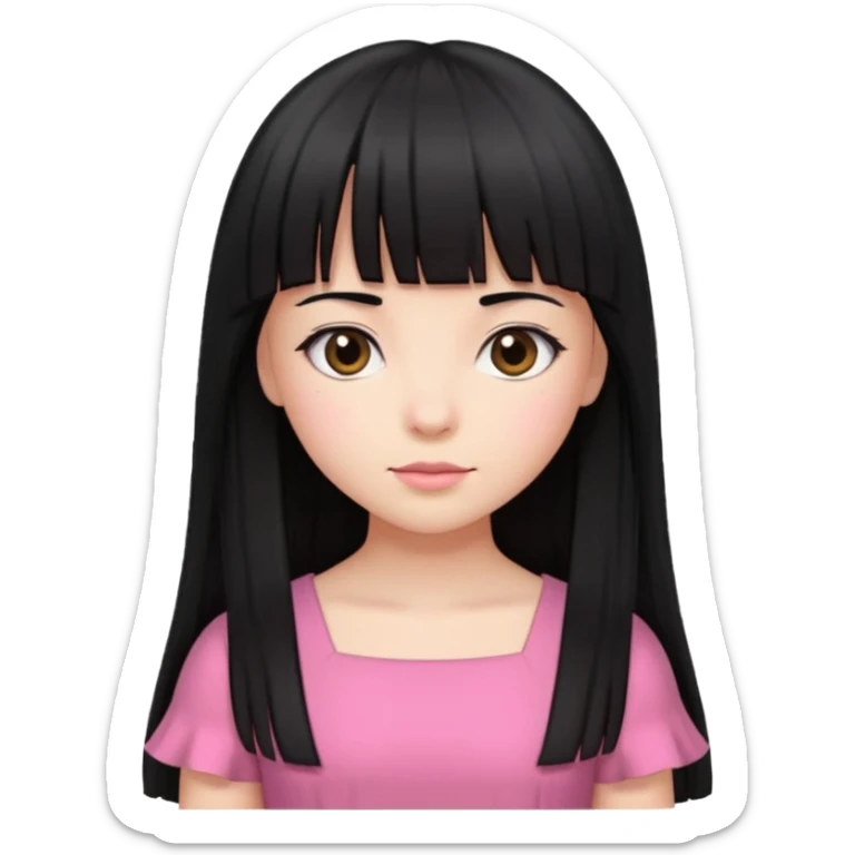 Girl with long, straight black hair with bangs and a pink dress  sticker