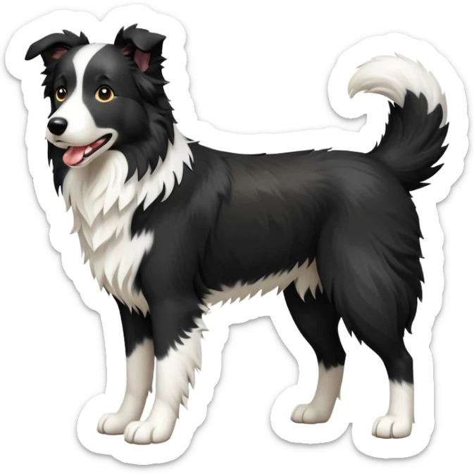cinematic-[border collie dog]-realistic-full-body-sitting-emoji,-tail-resting-loosely-beside-its-paws,-head-tilted-dramatically,-scruffy-[black and white]-fur,-simplified-yet-realistic-focused-features,-highly-detailed,-glowing-with-an-almost-sarcastic-glow sticker