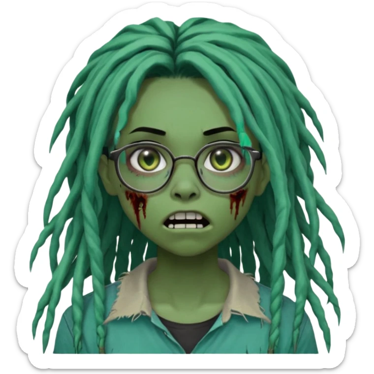 One teen female green-skinned, zombie super pretty with glasses, with ombre black roots & teal tips long dreadlocks and a side bang of her locs that fall over the right eye and a worried expression like with the mouth open, teeth showing, and the jaw uneven. with a small wound near its mouth. sticker