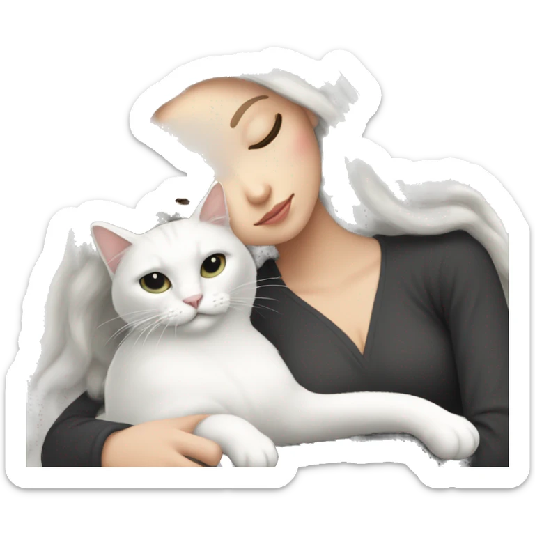 A pretty white girl with very long black hair and sleeping curled up to a white cat  sticker