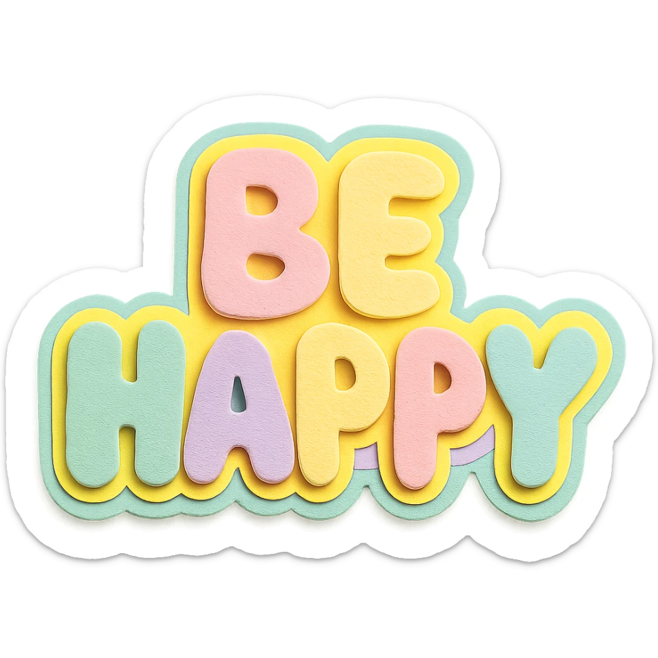 Soft pastel rainbow soft puffy text for "Be Happy", kawaii sticker style, no frame, isolated design, transparent background sticker
