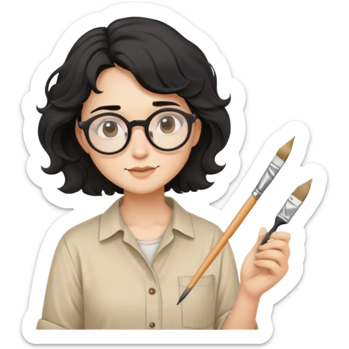 Artist with wavy black hair, round glasses, beige painter's shirt, square paintbrush in hand sticker