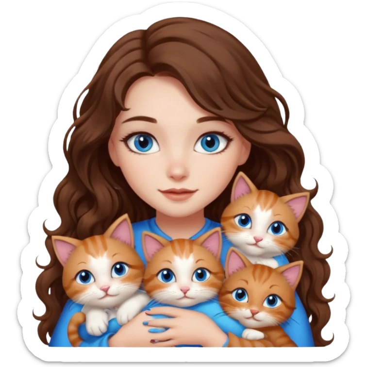 girl with long wavy brown hair, blue eyes, long lashes makeup, cuddling with 6 cute cats sticker