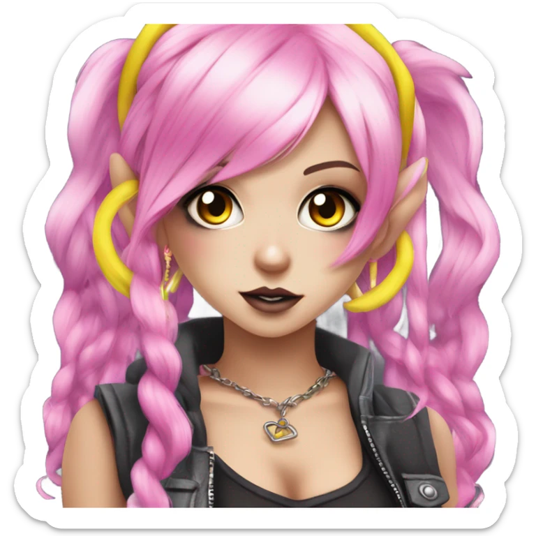 Blue eyed pale hime gyaru girl, hot pink and yellow split-dyed hair, nose ring, elf ears, dark makeup, punk clothes sticker