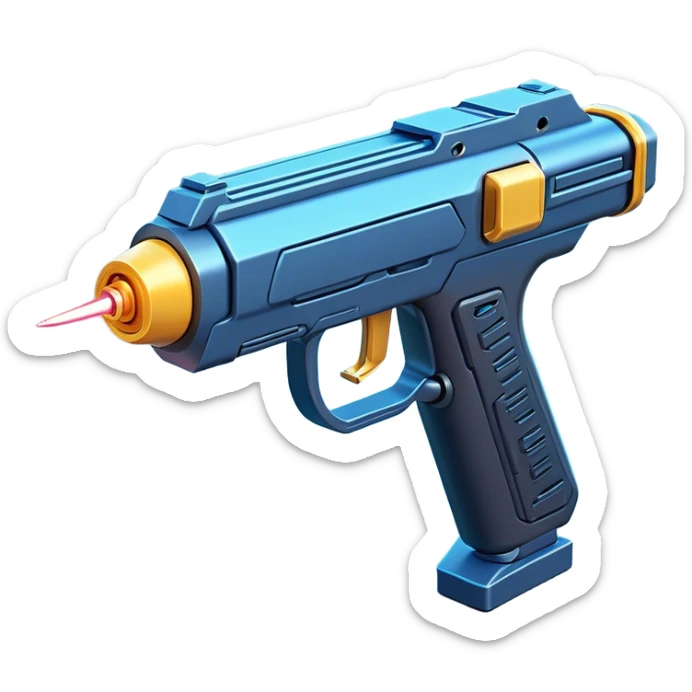 Clash of Clans aesthetic: Cinematic Playful 3D Isometric Laser Gun Emoji, rendered in a 3D vector-style similar to standard emojis with minimal shading and bold, simplified shapes. A compact, distinct form with signature details, softly glowing with a futuristic sci-fi warfare charm. Simplified yet unmistakably iconic, highly detailed and consistent, glowing with a soft radiance and high shine. Stylized with a touch of high-tech brilliance and a soft glowing outline, capturing the essence of a beloved gaming relic with a friendly, playful manner! sticker