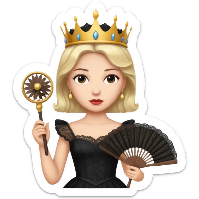 A stern queen with dark lace dress, holding a fan and observing with authority.
 sticker