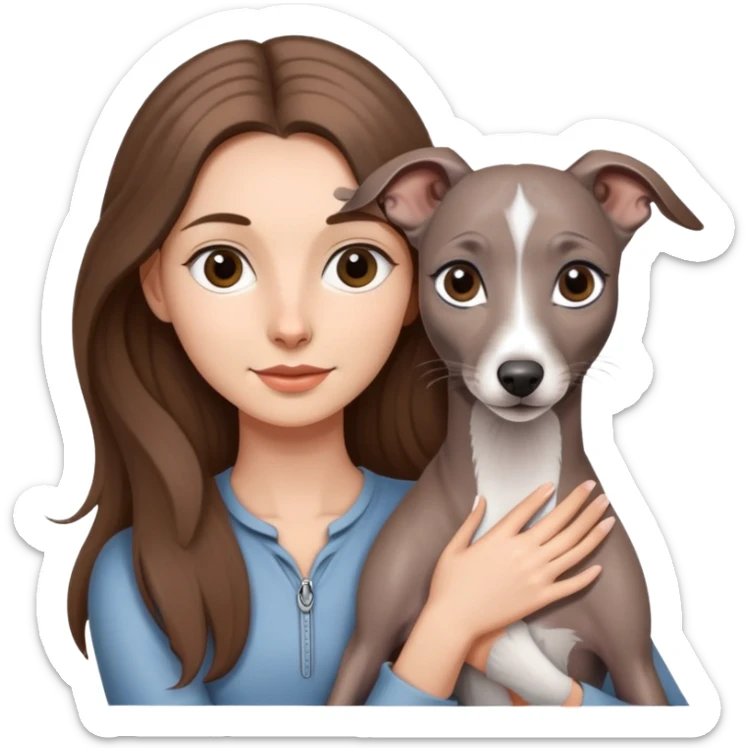 A girl with long brown hair holding a gray Italian Greyhound sticker