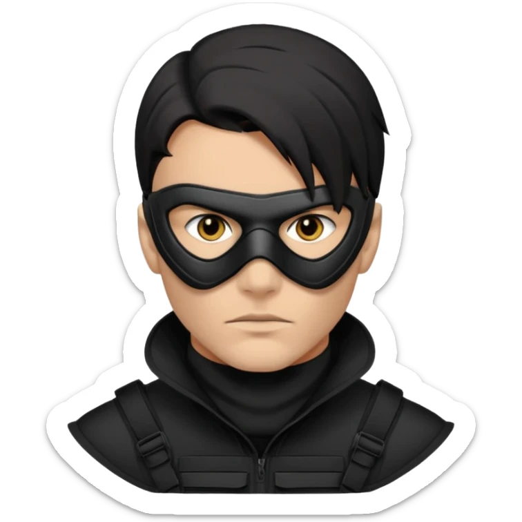 Close-up portrait of an attractive man with piercing eyes, wearing a sleek black tactical mask that covers the lower half of his face. He has sharp jawline definition, dark hair, and a serious, undercover criminal or covert operative look. High contrast, noir lighting, cinematic depth of field. sticker