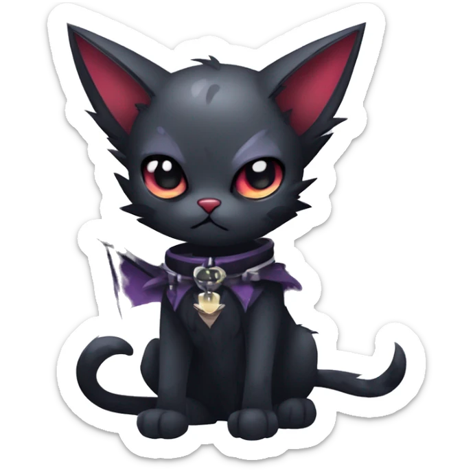   cool edgy kawaii ethereal dark-punk-themed animal vampiric cat-hybrid Fakemon with fangs and bat-wing-ears with a collar full body sticker