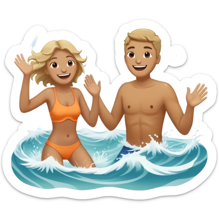 A person splashing water at their friend in the ocean, both laughing as the waves roll around them. The sun shines warmly above, capturing the joy of creating fun, embracing connection, and appreciating the moment with someone who makes life feel lighter.  sticker