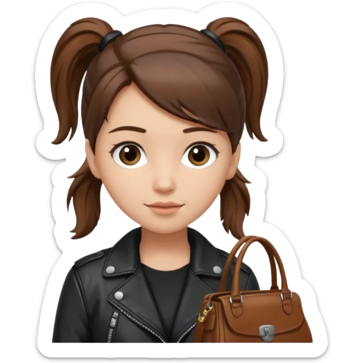 A girl with a pony tail brown hair and white ish skin with a black jacket and a brown purse  sticker