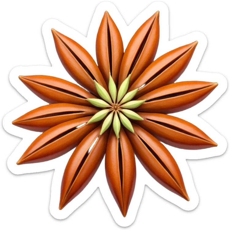 one or two whole star anise pods, rich reddish-brown color, eight sharply pointed arms in a perfect star shape, smooth slightly glossy segments with visible seeds, woody crisp texture, no extras, soft lighting, subtle shadows, transparent background, emoji scale sticker