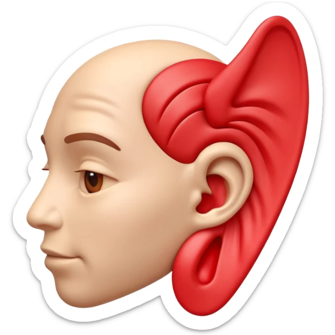 3D iPhone style emoji of a human ear with a “no sound” or “muted” symbol, realistic ear texture, red crossed line over sound waves, isolated on white background, soft shadows, high detail, playful and cute. sticker