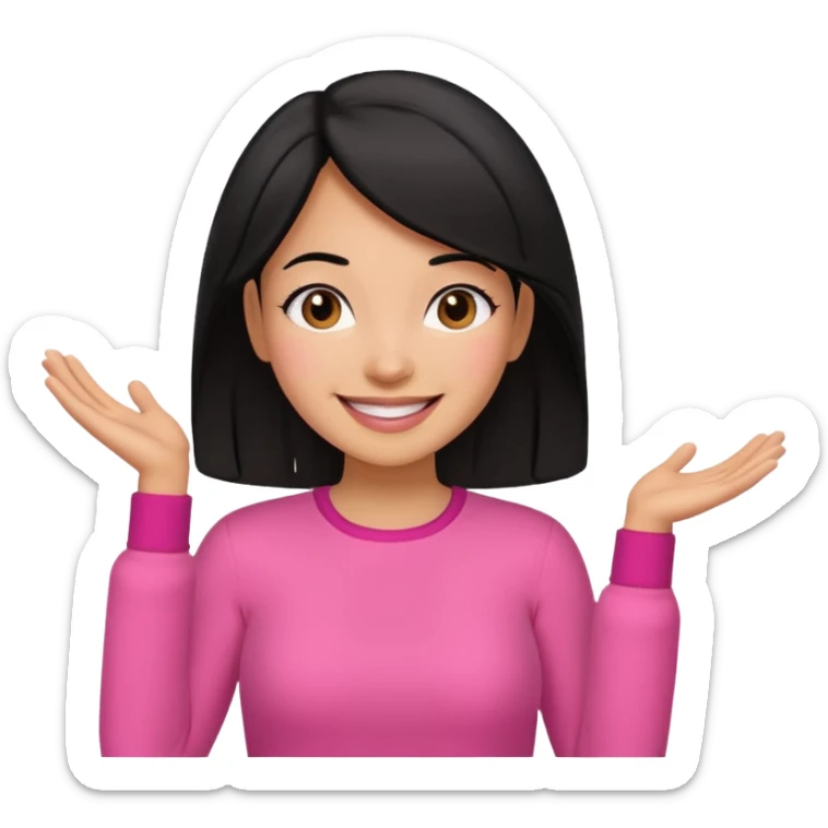 black hair woman with pink outfit and happy face sticker