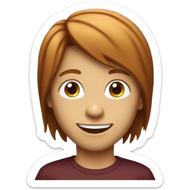A boy with burgundy hair. His hair is little long and straight. He doesn't wear glasses and is smiling.
 sticker