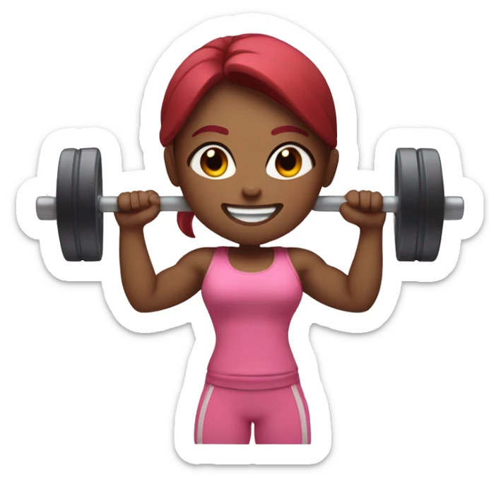 Gym girl lifting weights, pink skin, long and dark red hair, eyes closed, smiling sticker