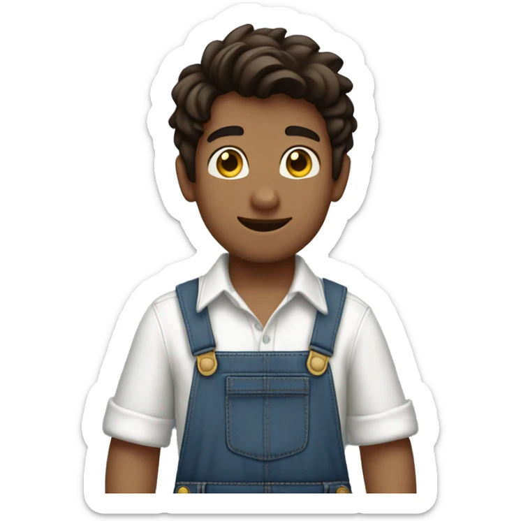 boy pointing to the sky, dark brown wavy hair, wearing blue jeans overalls and white shirt. half body shot. view from behind, back. sticker